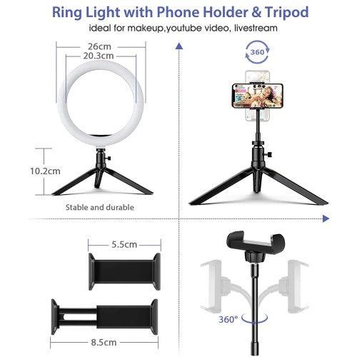10 inch LED Ring Light with Tripod Stand & Phone Holder Dimmable Desk Makeup Kit Photography Video Lamp - BW-SL3 - Toytexx 10 inch LED Ring Light with Tripod Stand & Phone Holder Dimmable Desk Makeup Kit Photography Video Lamp - BW-SL3 - Toytexx